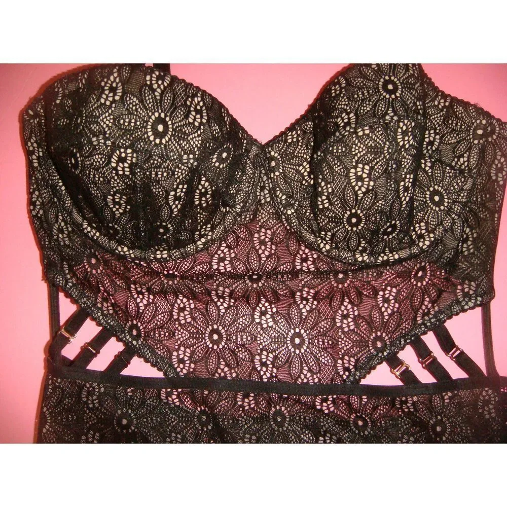 Victoria's Secret unlined 36C BRA SET+M+CORSET bustier Black floral lace strappy - Picture 3 of 7